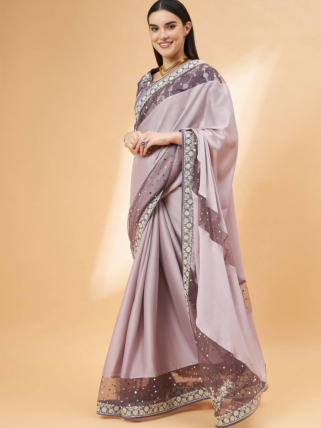 Mauve Silk Georgette Ribbon Embroidery Saree - Norita Hit Design | Grocsy