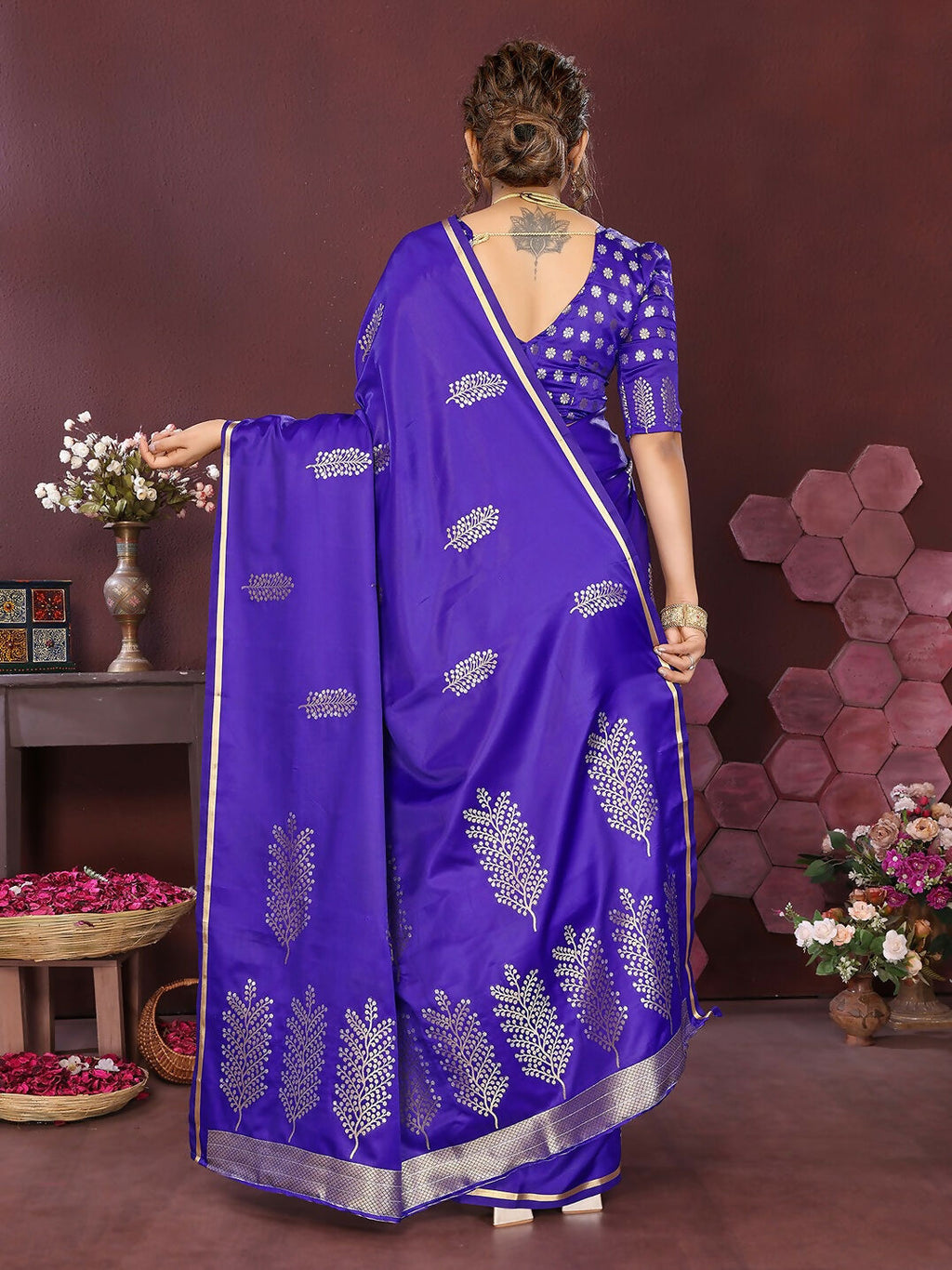 Joban Fashion Deep blue Floral Motifs Banarasi Silk Sarees | Grocsy