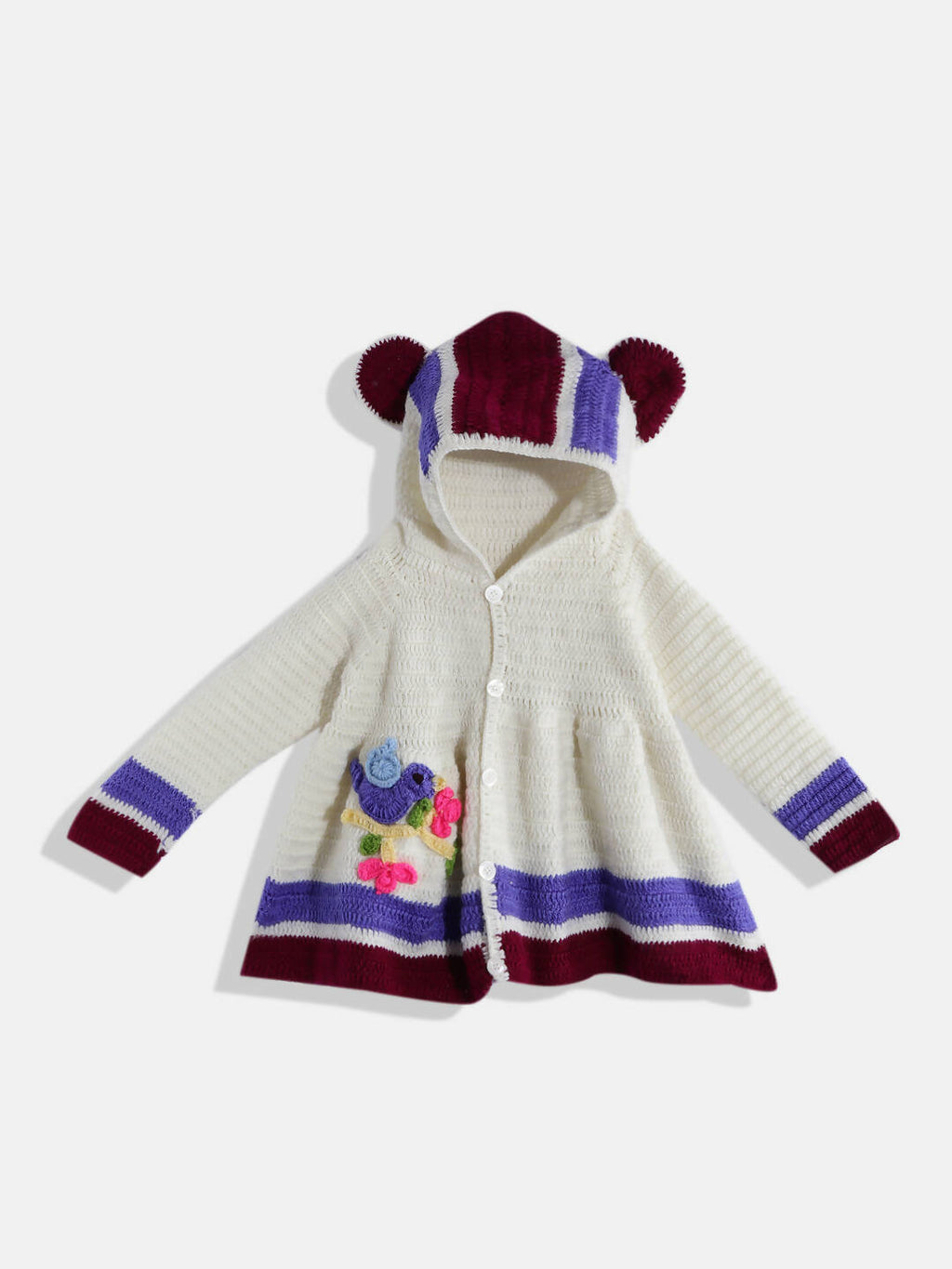 Chutput Kids Woollen Hand Knitted Full Sleeves Self Desgin Hoodie Dress For Baby Girls - Cream | Grocsy