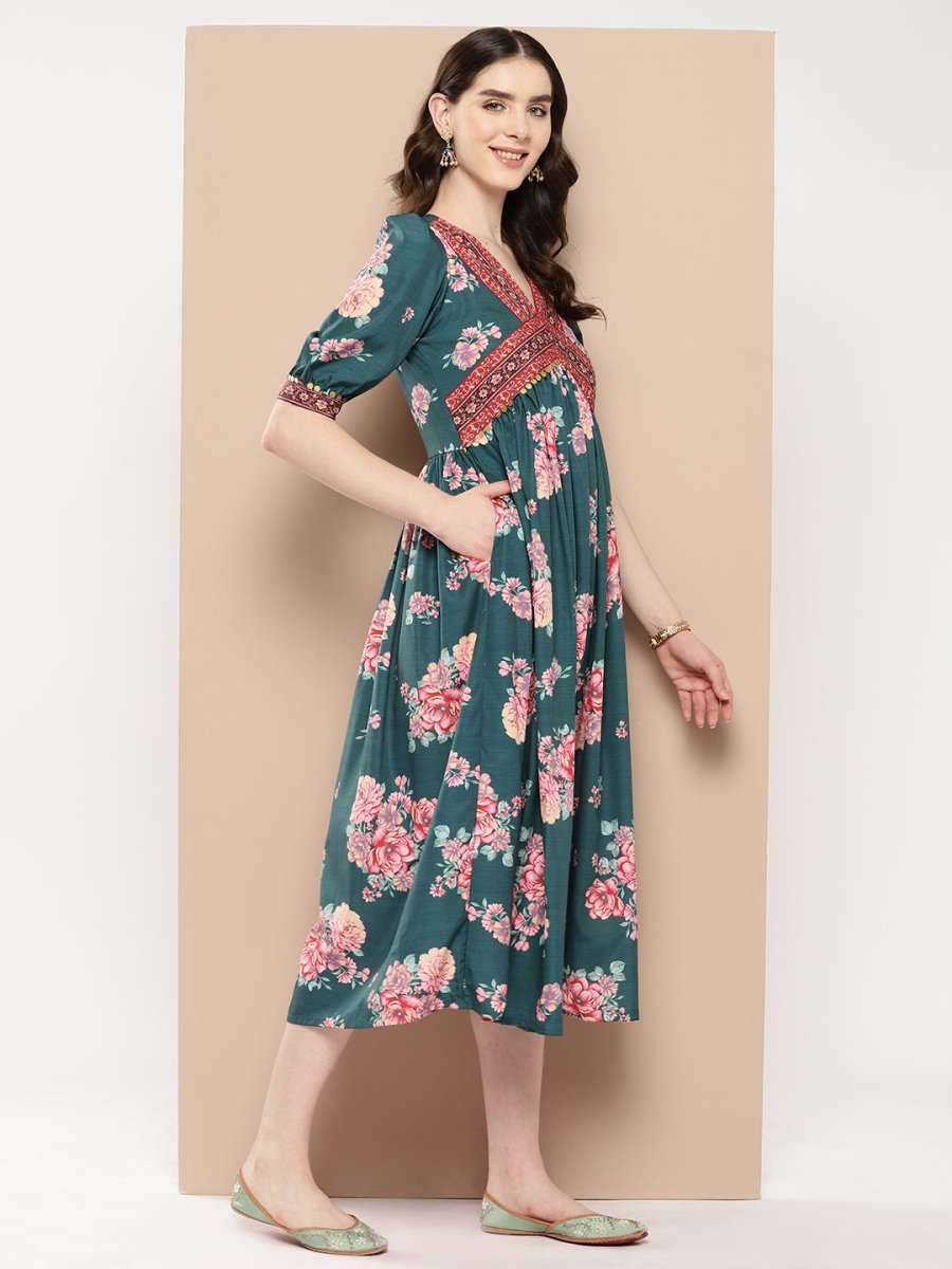 Ahalyaa Women Floral Printed Empire Ethnic Dress | Grocsy