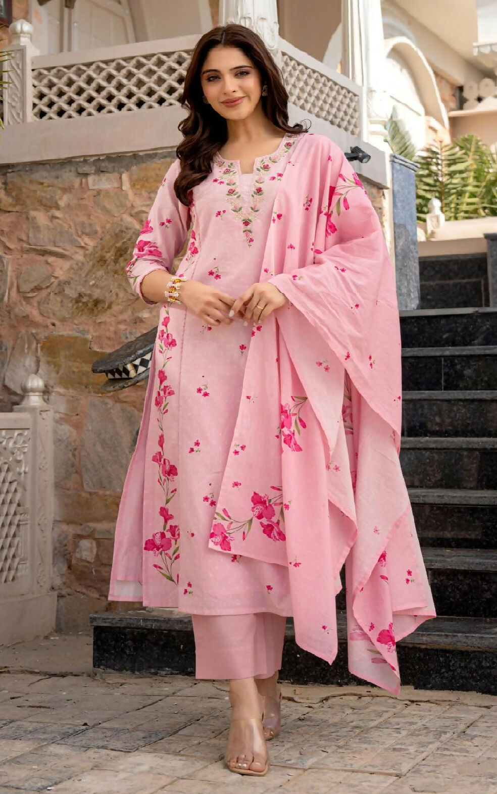 The52 Pink Women's Beautiful Chanderi Fabric Printed Work Straight Kurta Pant and Dupatta Set | Grocsy