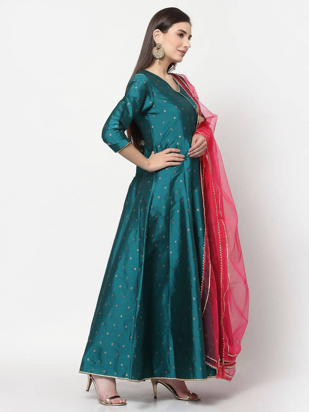 Myshka Green Silk Solid 3/4 Sleeve V Neck Casual Anarkali Kurta Dupatta Set | Grocsy