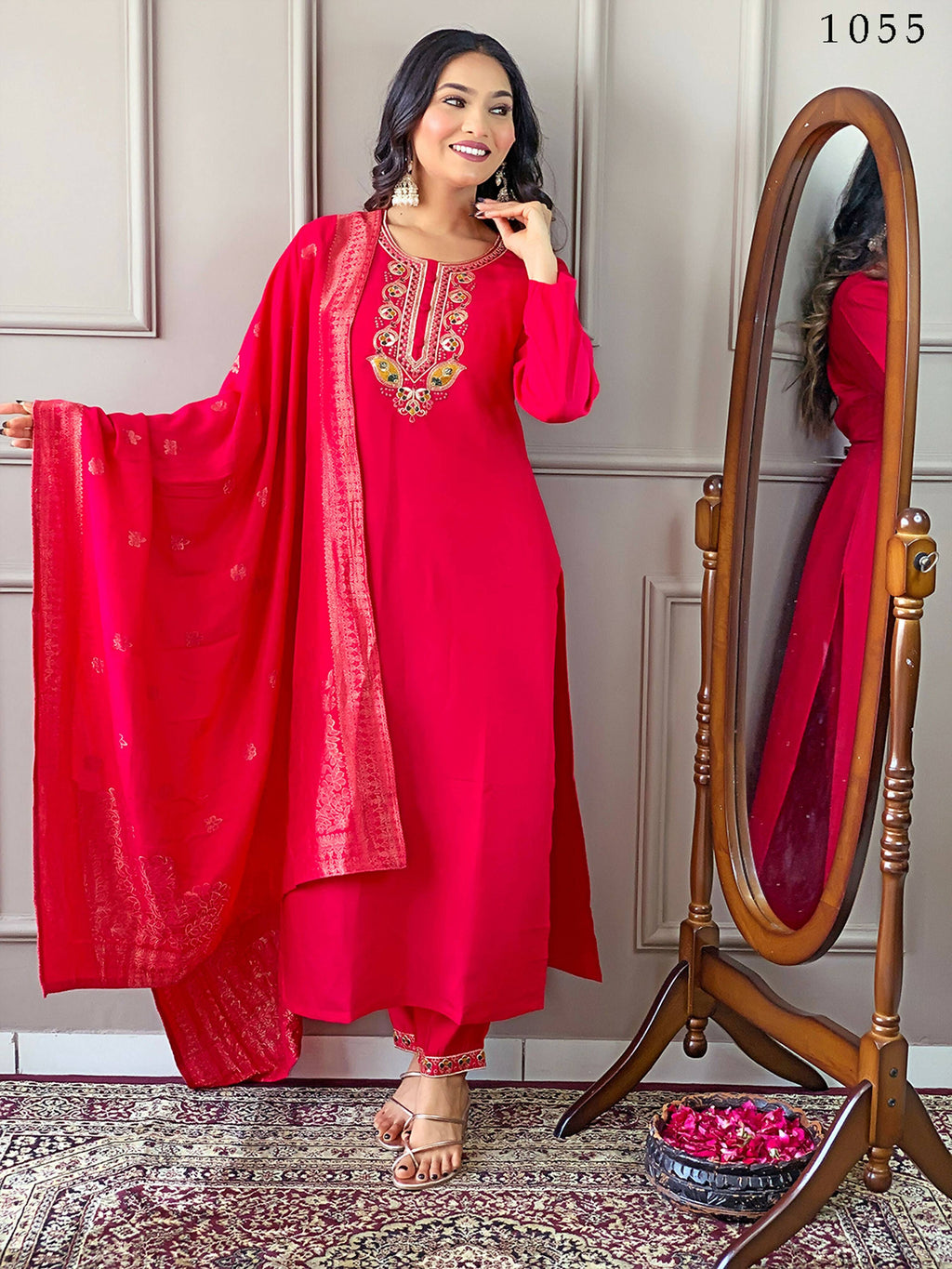 Partywear Designer Viscose Chanderi Red Stitched Suit With Dupatta - Anbazaar | Grocsy