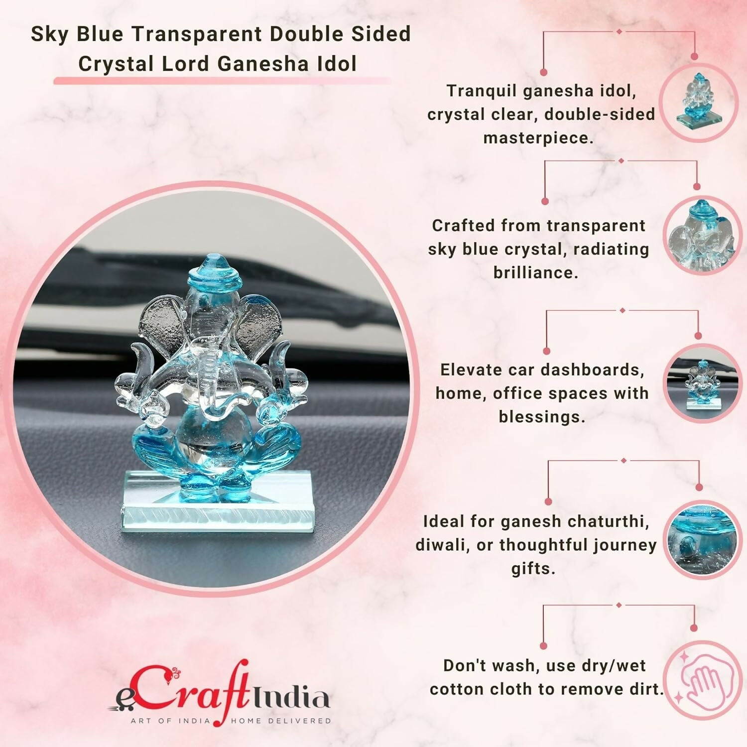 eCraftIndia SkyBlue and Transparent Double Sided Crystal Car Ganesha Showpiece