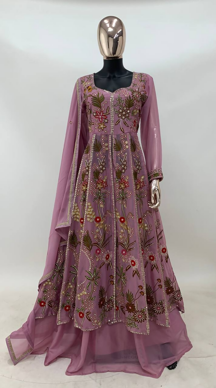 Lorenvalley Fashion Pink Viscose Silk Embroidery Work Gown Skirt Stitched | Grocsy