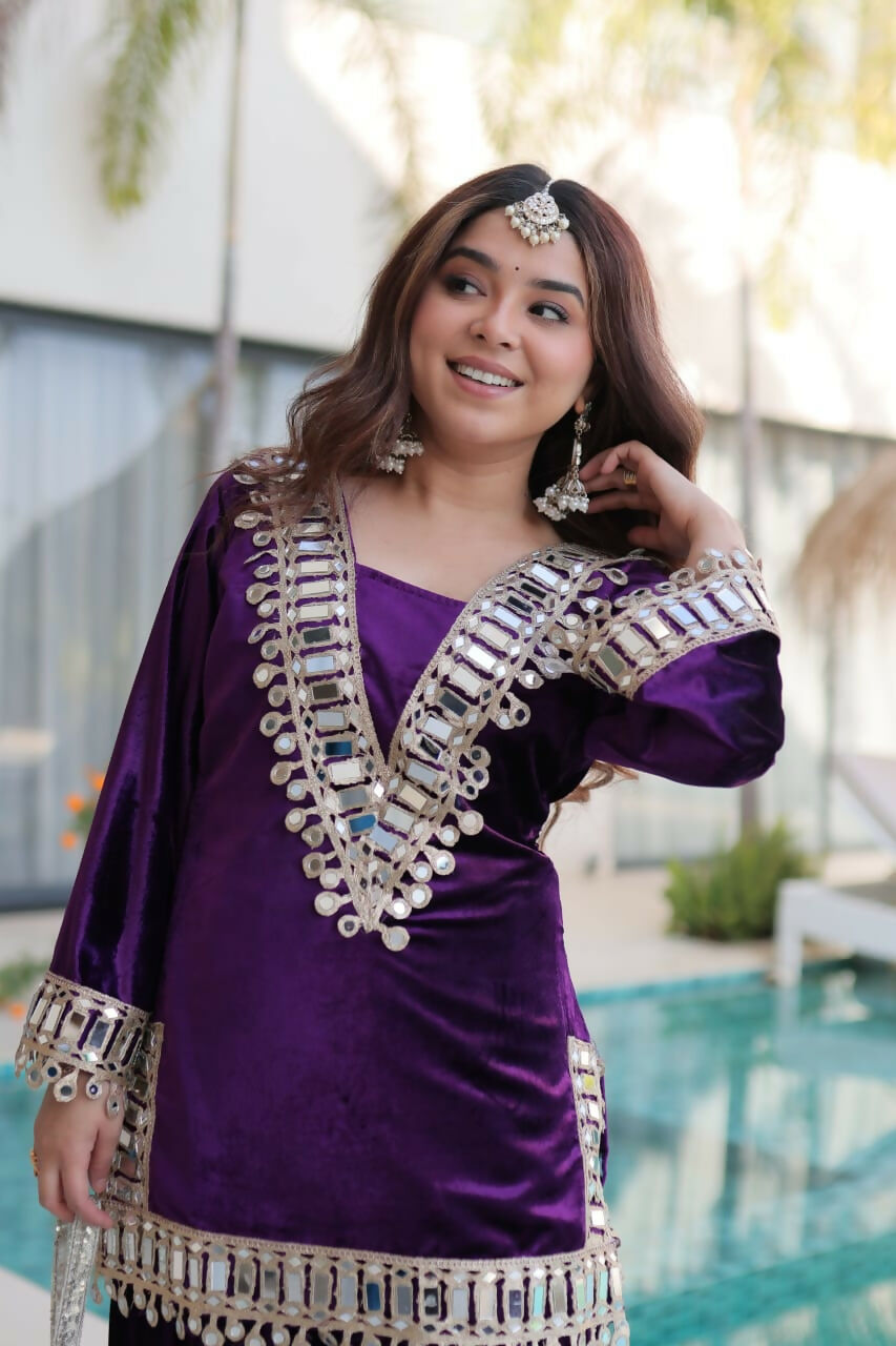 Joban Fashion Purple Kurta Set Velvet Embroidery Sequence Work | Grocsy
