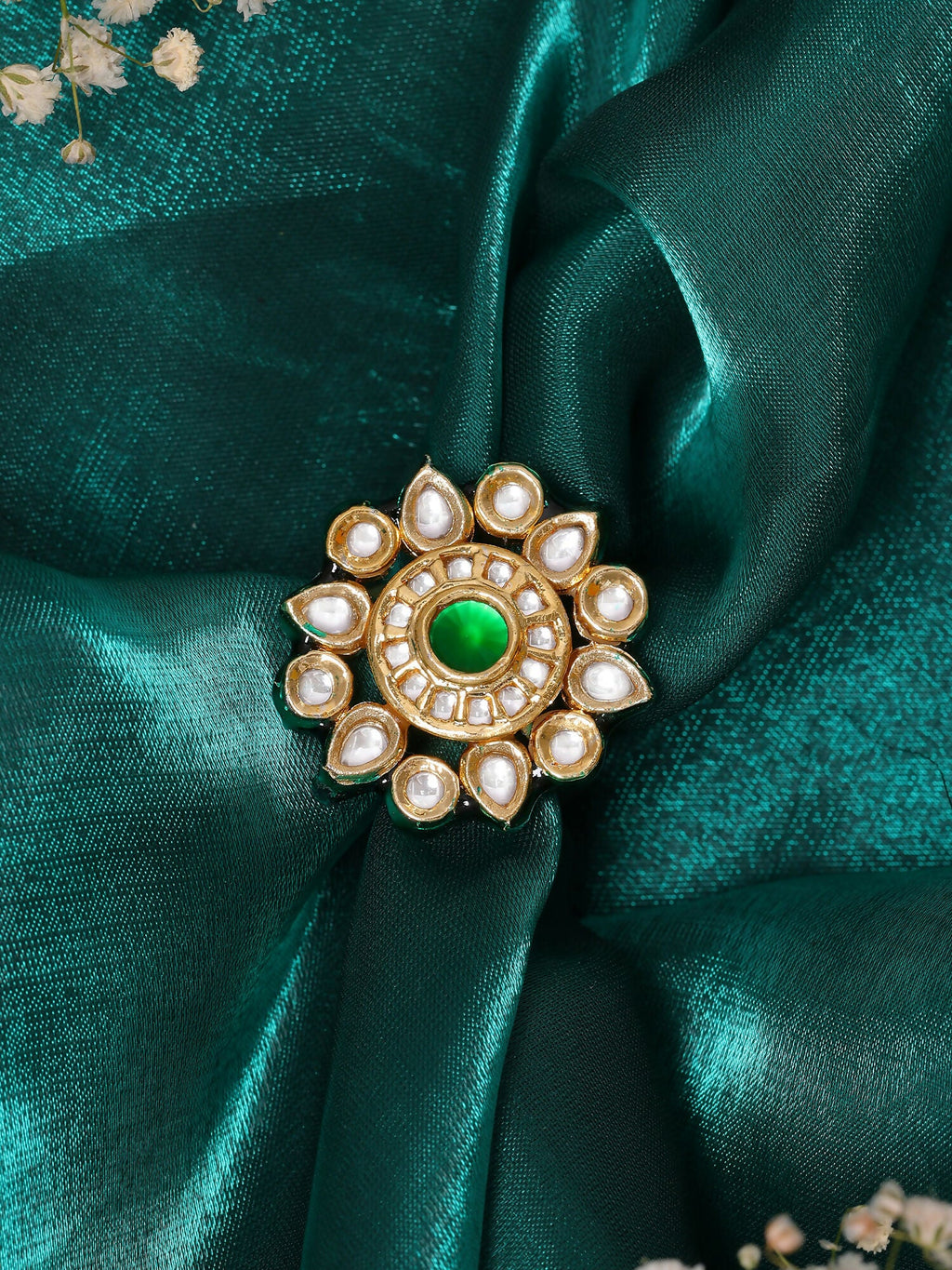 Ruby Raang Gold Polished Green Kundan Ring | Grocsy