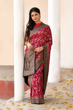 Joban Fashion Hot Pink Crepe Chiffon Pure Handloom Banarasi Silk Saree | Grocsy