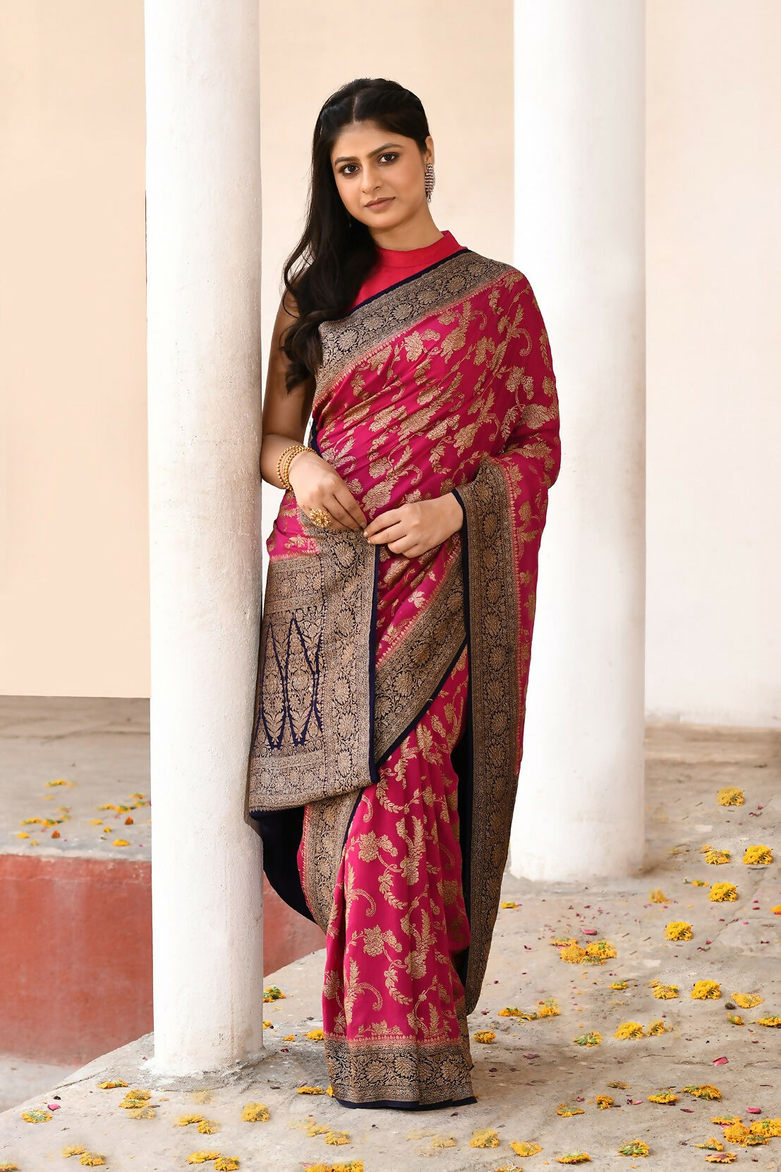 Joban Fashion Hot Pink Crepe Chiffon Pure Handloom Banarasi Silk Saree | Grocsy