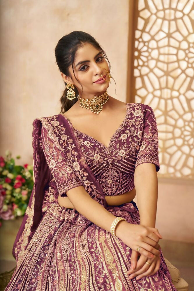 Kesar Fab Dark-Purple Net Hand_Woven Lehenga | Grocsy