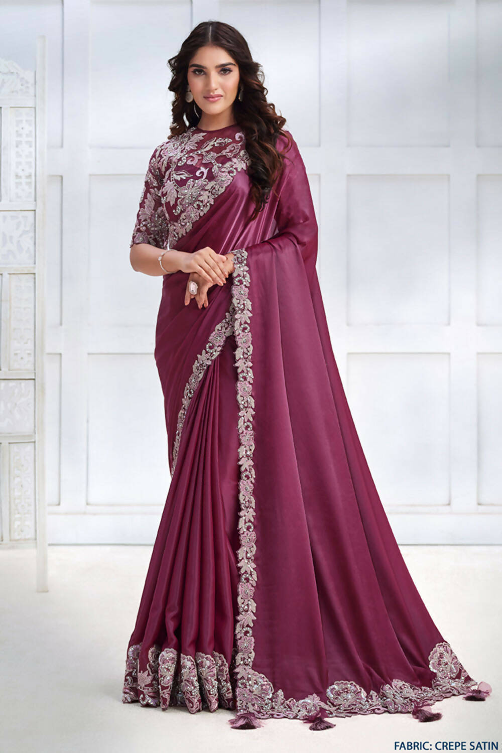 Magenta Crepe satin silk Cord & Sequence Embroidered with Stone work Saree - Mohmanthan Majestica | Grocsy