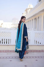 Teeya Creation Womens New Rama Velvet With Rich Zari Coding Embroidered Work Kurta Pant Dupatta Set | Grocsy