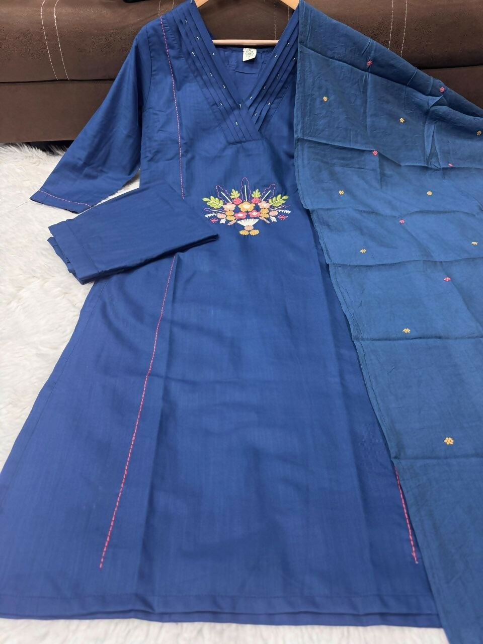 Teeya Creation Indigo Blue Straight Kurta Pant Set With Matching Dupatta | Grocsy