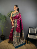 Joban Fashion Banarasi Wine Woven Butti Soft Silk Saree | Grocsy