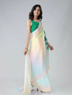 Vastranavya Pastel Rainbow Freehand Peacock Feather Print Ready to Wear Saree | Grocsy