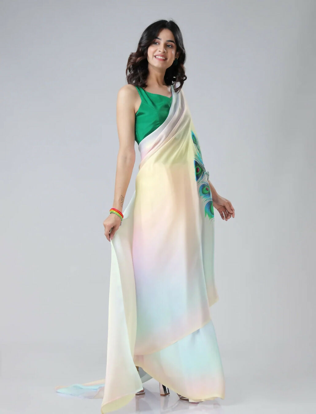 Vastranavya Pastel Rainbow Freehand Peacock Feather Print Ready to Wear Saree | Grocsy