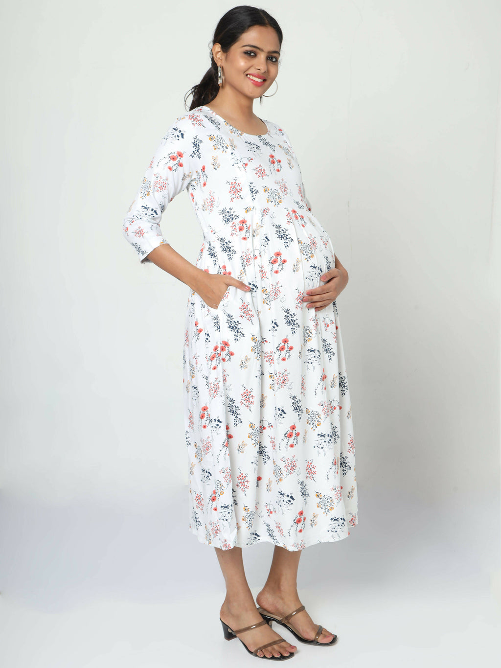 Manet Three Fourth Maternity Dress Floral Print With Concealed Zipper Nursing Access - White | Grocsy