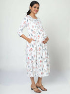 Manet Three Fourth Maternity Dress Floral Print With Concealed Zipper Nursing Access - White | Grocsy