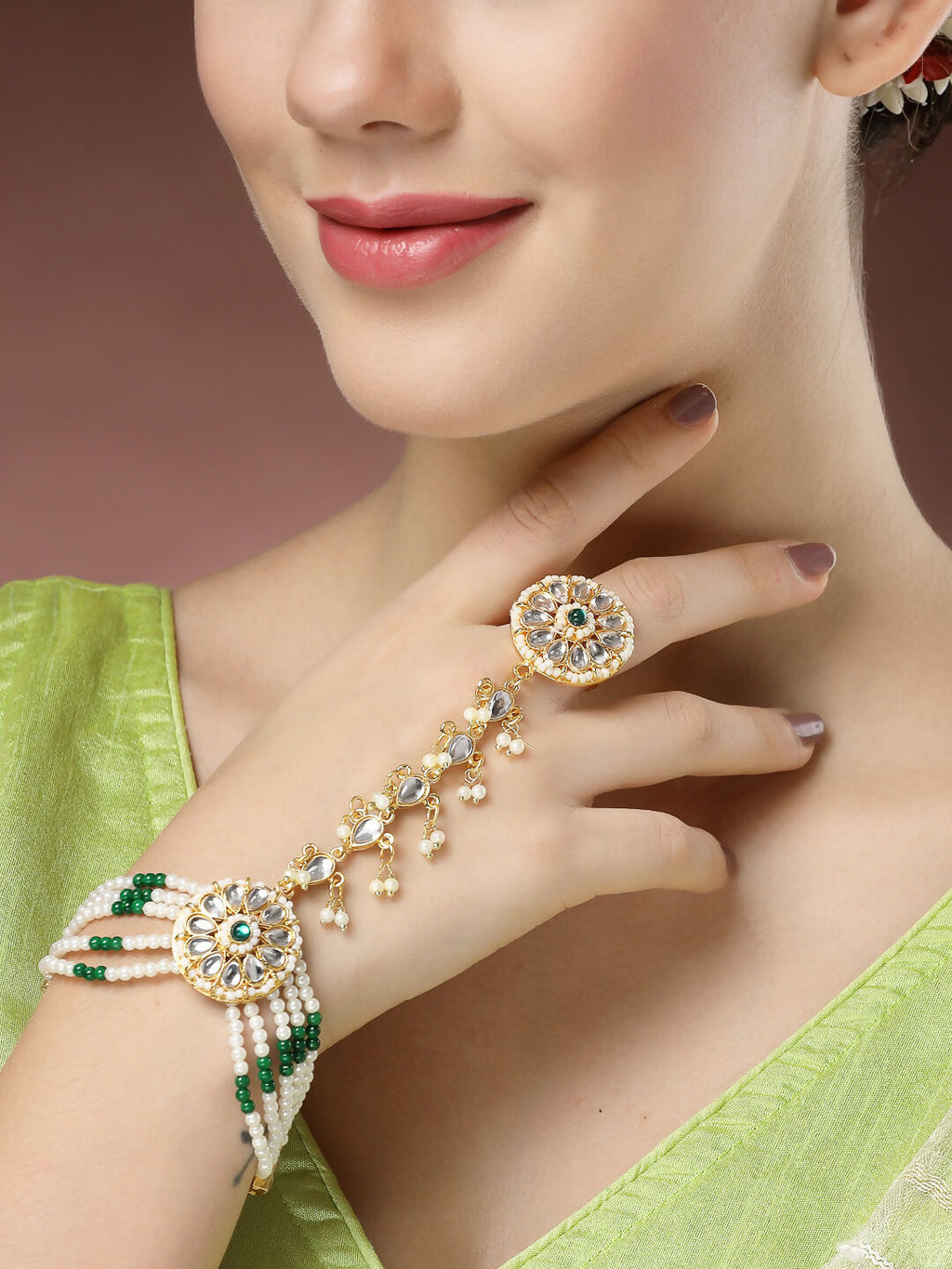 NVR Women's Green Gold-Polished Stone Studded Handcrafted Ring Bracelet | Grocsy