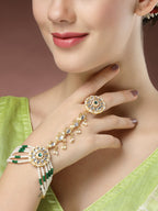 NVR Women's Green Gold-Polished Stone Studded Handcrafted Ring Bracelet | Grocsy