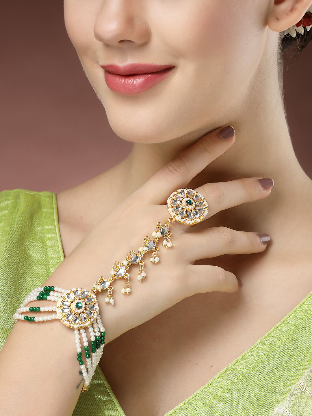 NVR Women's Green Gold-Polished Stone Studded Handcrafted Ring Bracelet | Grocsy