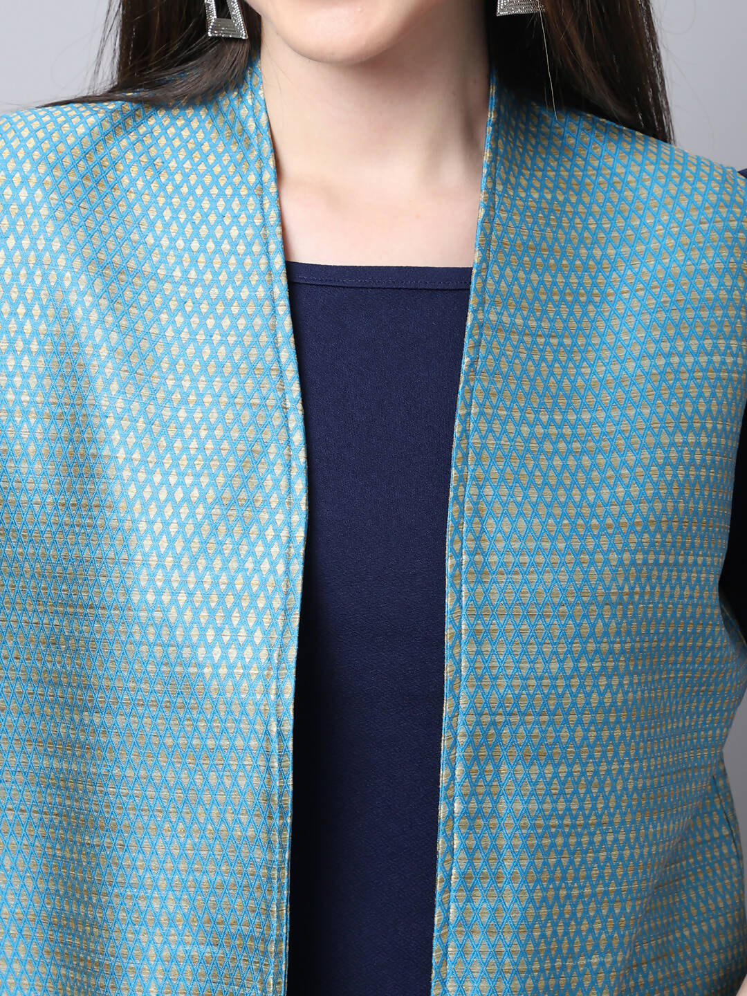 Even Apparels Blue Bansari Silk Open Front Women's Long Coat | Grocsy