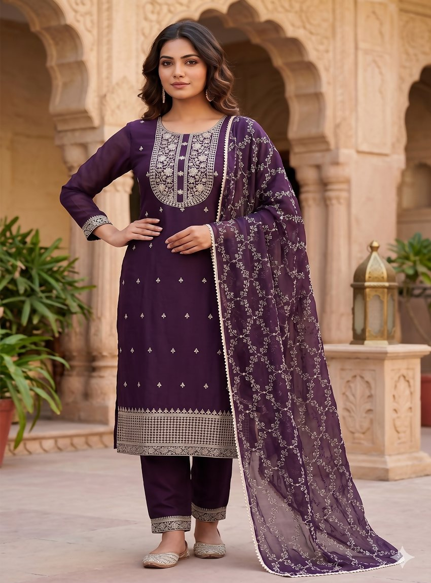 Teeya Creation Deep Wine Embroidered Straight Kurta With Pant And Dupatta | Grocsy