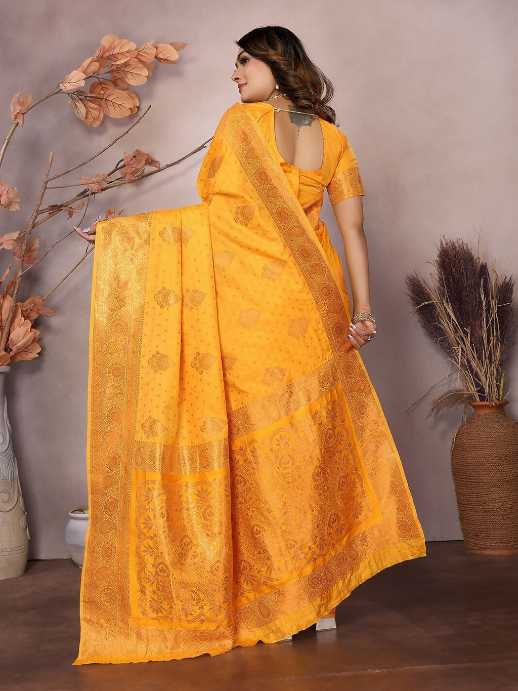 Joban Fashion Banarasi Orange Woven Soft Silk Saree | Grocsy