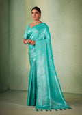 Glamorous Designer Turquoise Color Kanjivaram Silk Saree With Weaving Work - Yomika Fashions | Grocsy