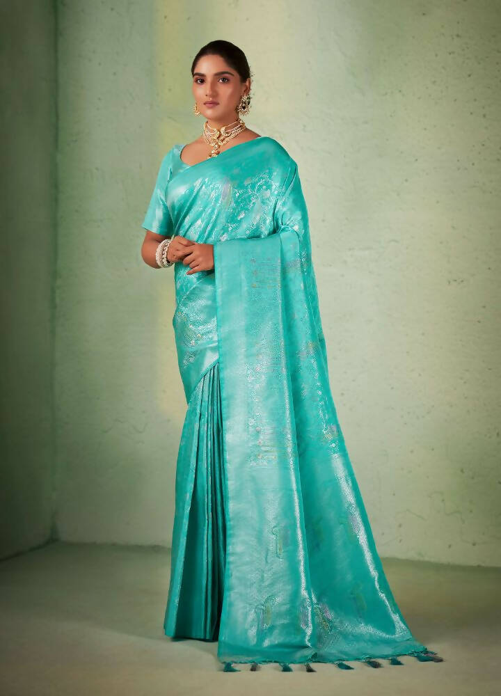 Glamorous Designer Turquoise Color Kanjivaram Silk Saree With Weaving Work - Yomika Fashions | Grocsy