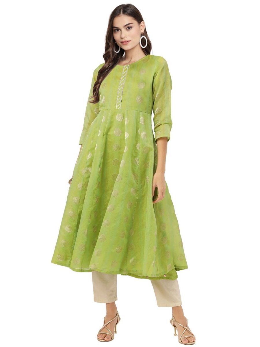 Ahalyaa Women Green Chanderi Jacquard Woven Dress | Grocsy