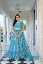 Aastha Fashion Sky Blue Butterfly Net White Cotton Thread Work And Sequence Work Embroidery Wedding Wear Lehenga Choli | Grocsy