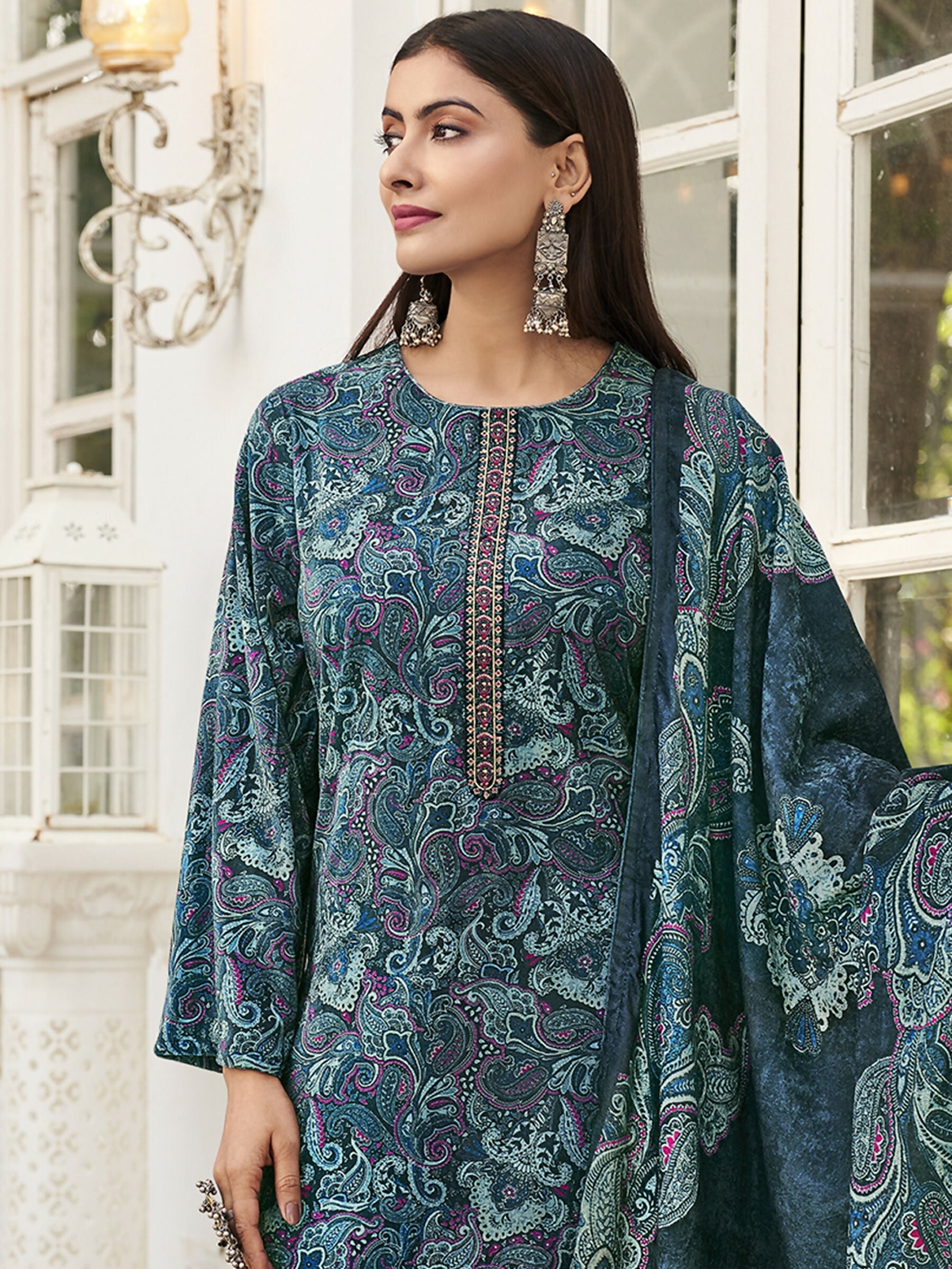 Jyoti Fashion Women's Navy Blue Velvet Digital Print with Resham Thread work Kurta with Trouser & Dupatta | Grocsy