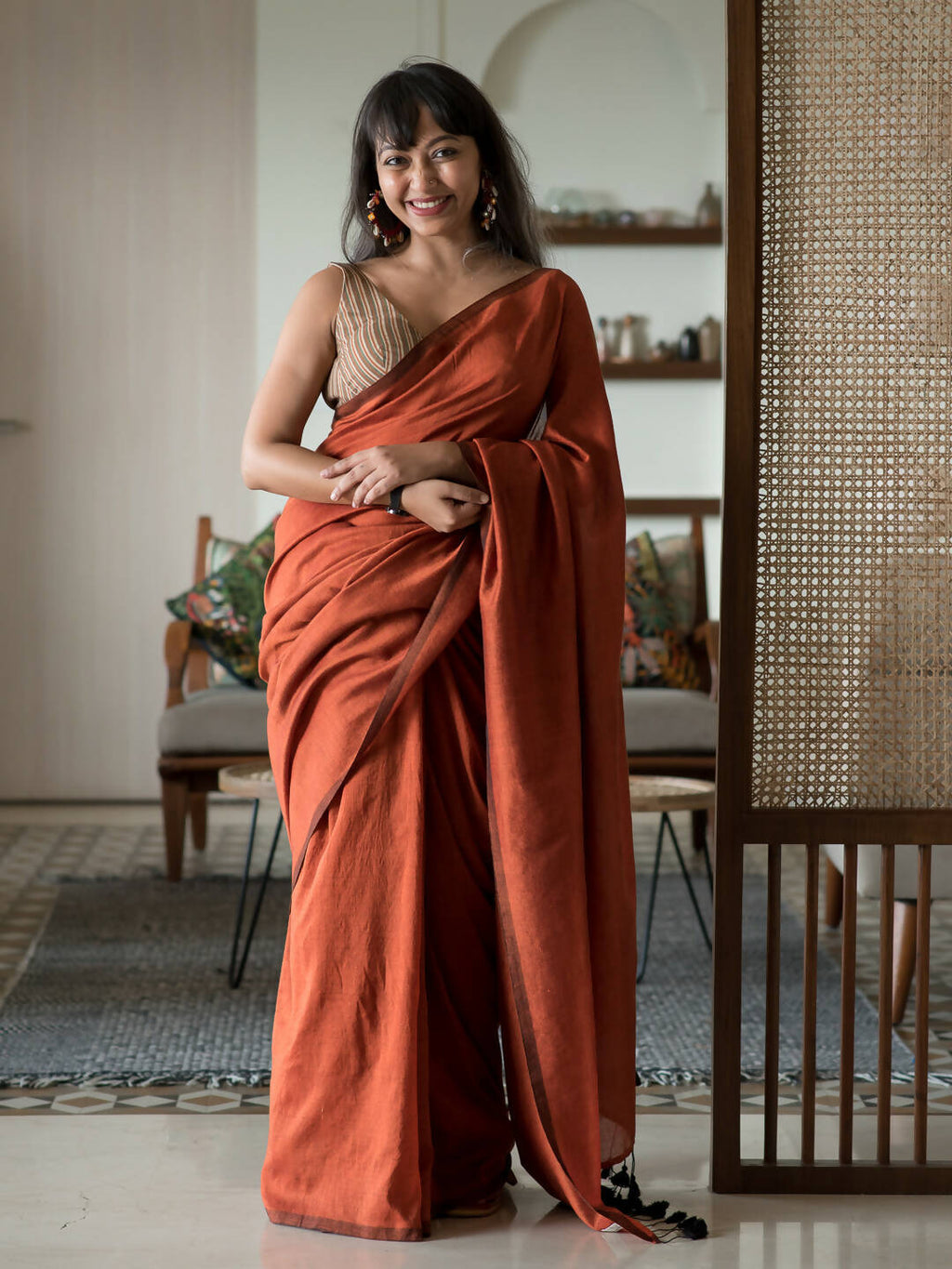 Suta Rust Solid Cotton Blend Saree | Grocsy