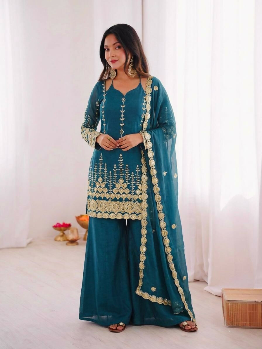 Teeya Creation New Trendy Women’s Ethnic Wear Kurta Sharara Set - Blue | Grocsy