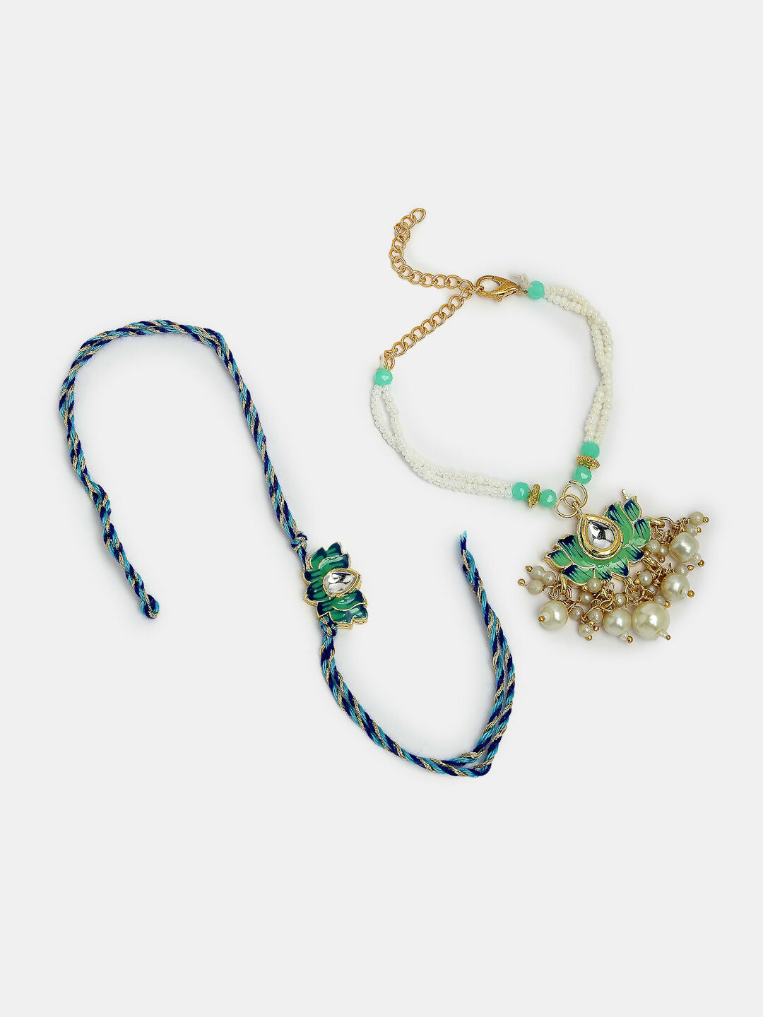 NVR Women & Men Set of 2 Turquoise Blue Lotus Shape Kundan-Studded & Beaded Rakhi Set With Roli Chawal & Chocolate | Grocsy