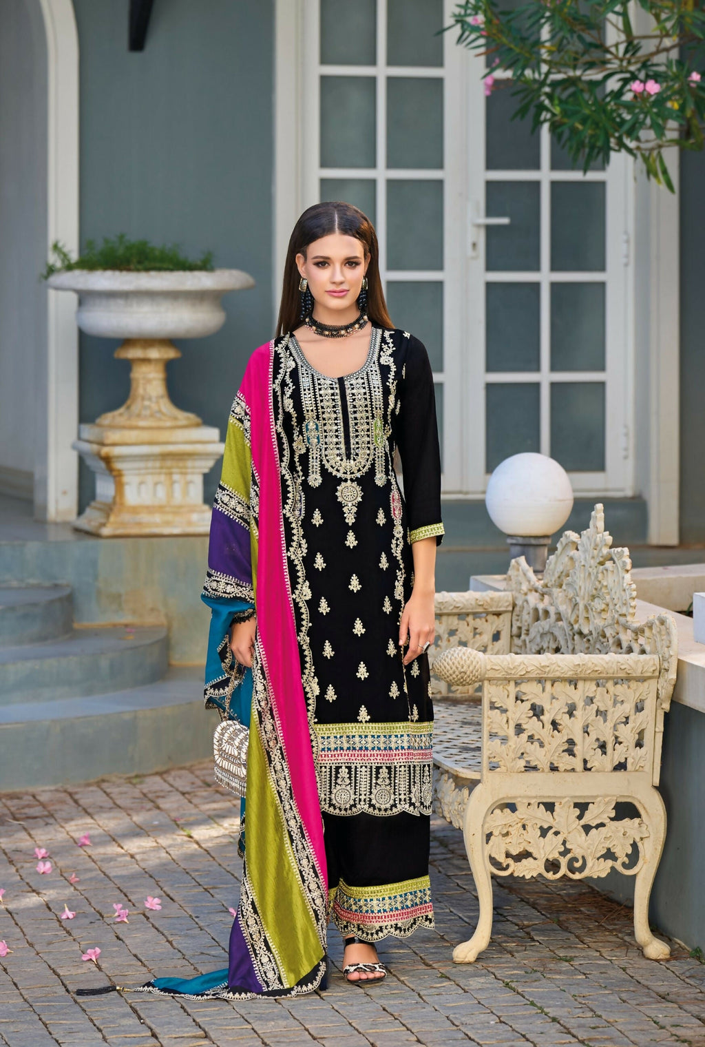 Anaita Black Premium Embroidered Chinon Stitched Salwar Suit | Grocsy