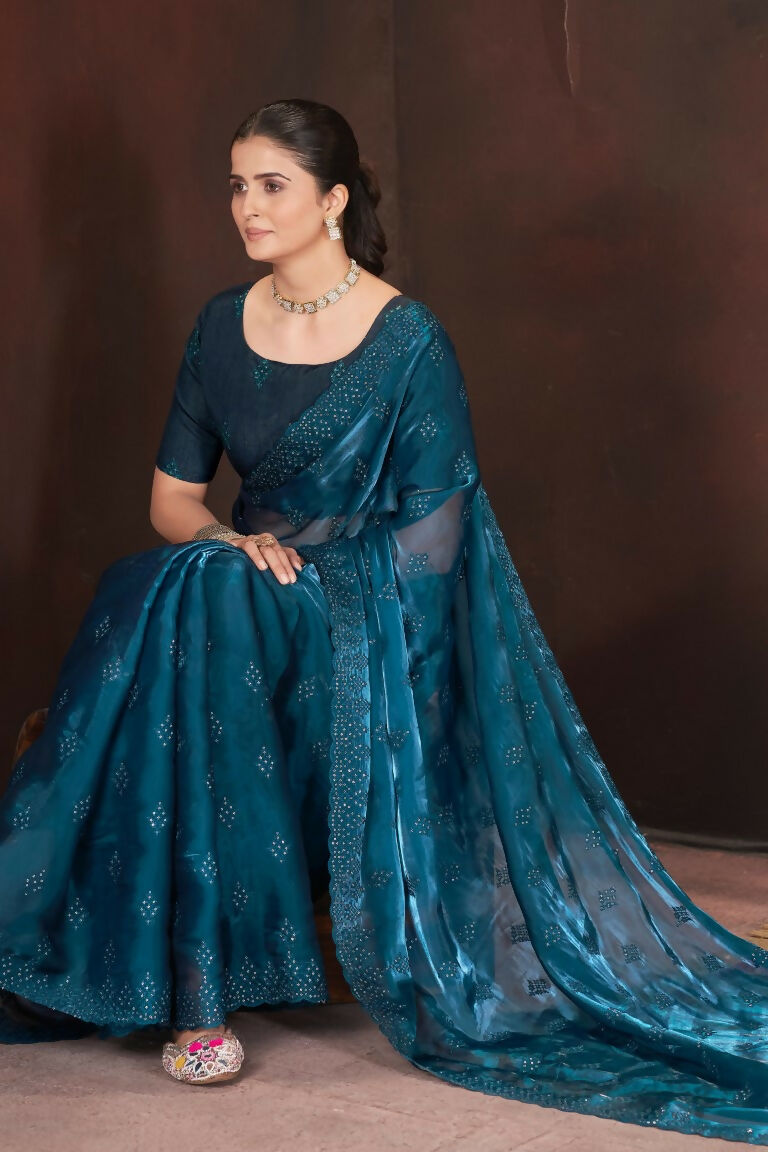 Vastranavya Rama Jimmy Choo Silk 3mm Sequence work with Cross Stitch Embroidery work & Cutwork Border Saree | Grocsy