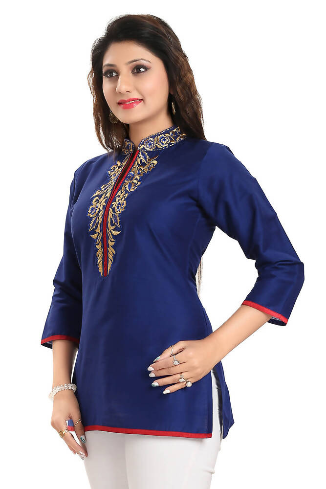 Snehal Creations Regal Affair Royal Blue Raw Silk Short Tunic | Grocsy
