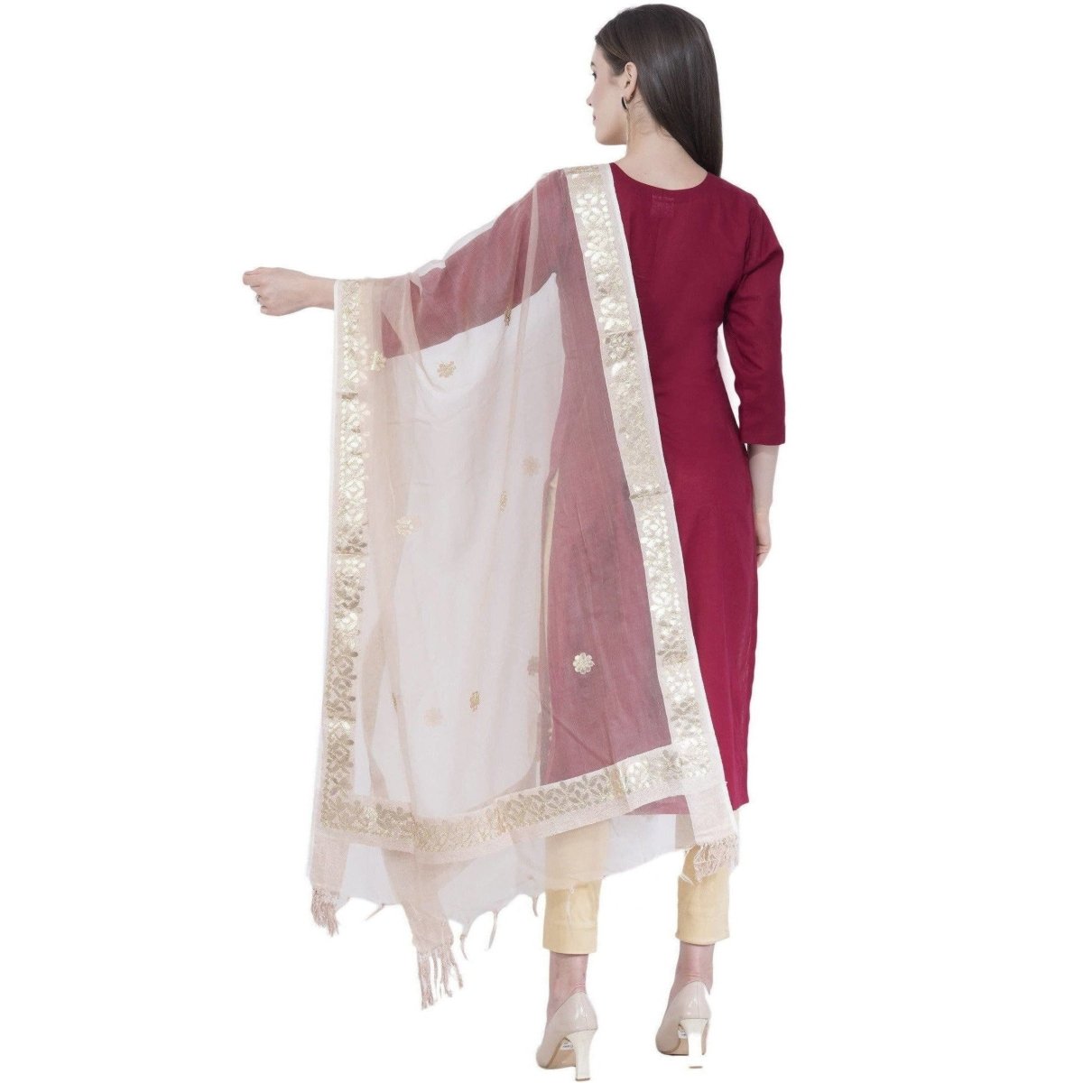 A R Silk Women's Gotta Patti Embroidery Orgenza Cotton White Dupattas and Chunnis | Grocsy