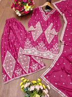 Teeya Creation New Womens Trendy Rani Pink Silk Blend Embroidered Sharara Suit Set With Dupatta | Grocsy