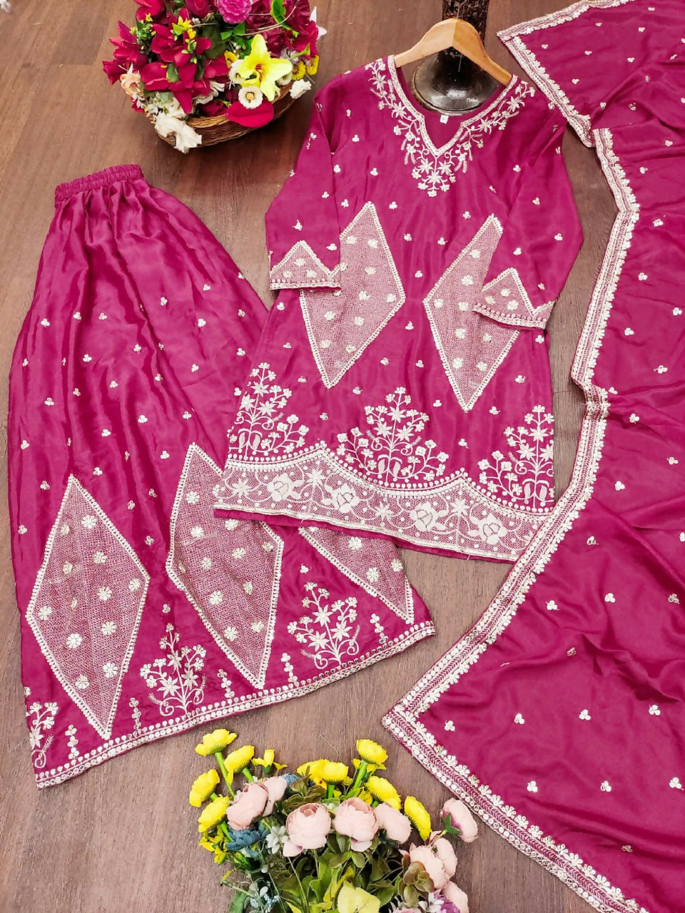Teeya Creation New Womens Trendy Rani Pink Silk Blend Embroidered Sharara Suit Set With Dupatta | Grocsy