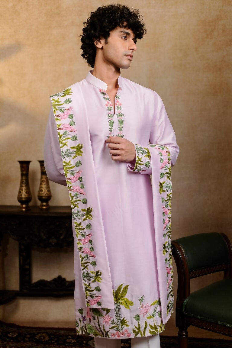Falling Raw Silk Lavinder Taruni Hamsa Kurta Set By Hilo Design | Grocsy