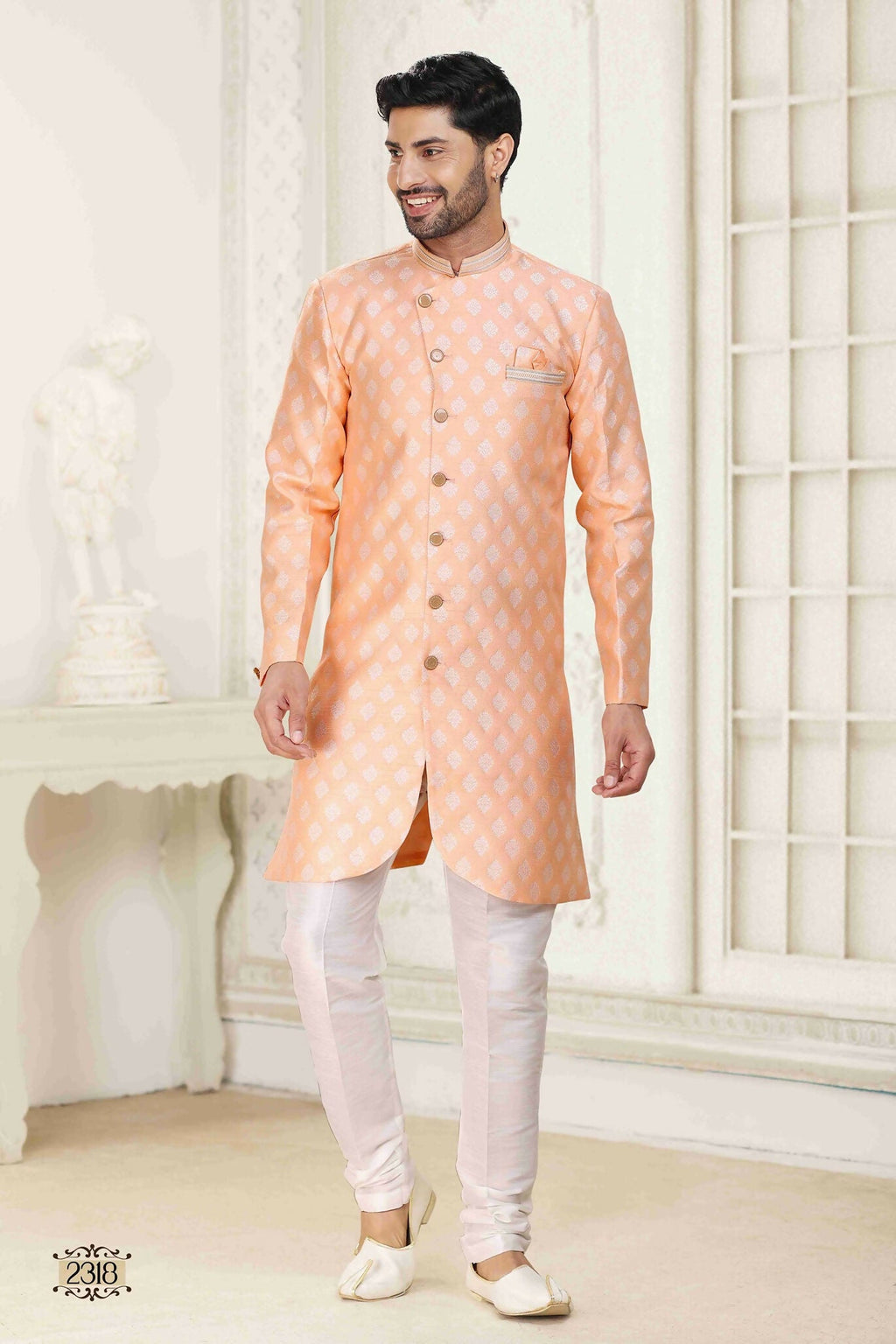 Raivat Ethnic Banarasi Jacquard Embroidery Semi Indo Western Sherwani In Peach Colour | Grocsy