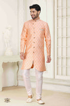 Raivat Ethnic Banarasi Jacquard Embroidery Semi Indo Western Sherwani In Peach Colour | Grocsy