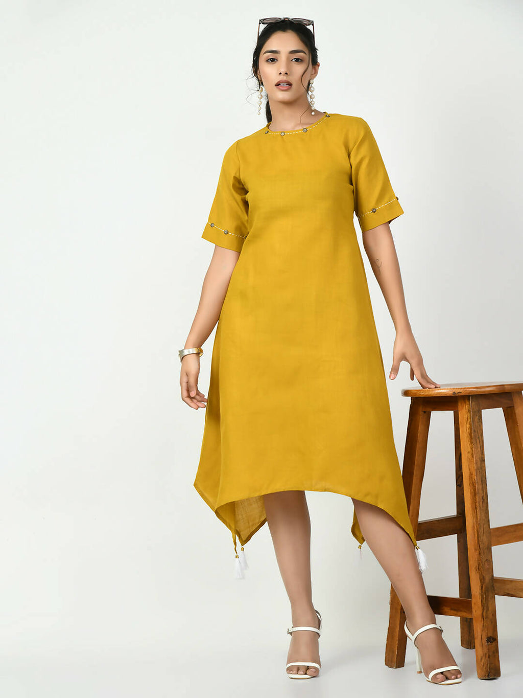 Myshka Women's Mustard A-Line Solid Kurta | Grocsy