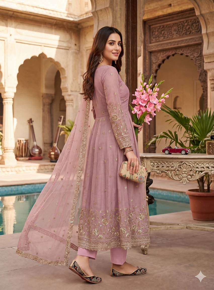 Teeya Creation Elegant Pink Embroidered Anarkali Kurta Set With Mirror Work Dupatta | Grocsy