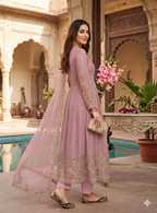 Teeya Creation Elegant Pink Embroidered Anarkali Kurta Set With Mirror Work Dupatta | Grocsy