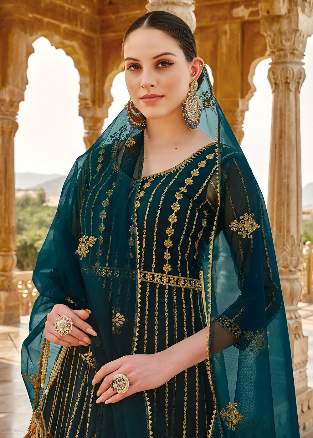 Heavy Stone Embroidered Peacock Blue Designer Anarkali Suit - Emponline | Grocsy