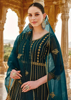 Heavy Stone Embroidered Peacock Blue Designer Anarkali Suit - Emponline | Grocsy
